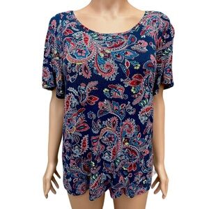 ANN TAYLOR LOFT Paisley Blue Red Short Sleeve Womens Jersey Top size XS